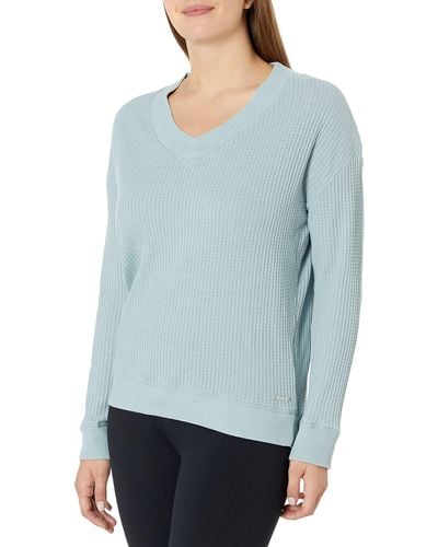 Andrew Marc Washed Long Sleeve V-neck Waffle Pullover - Blue