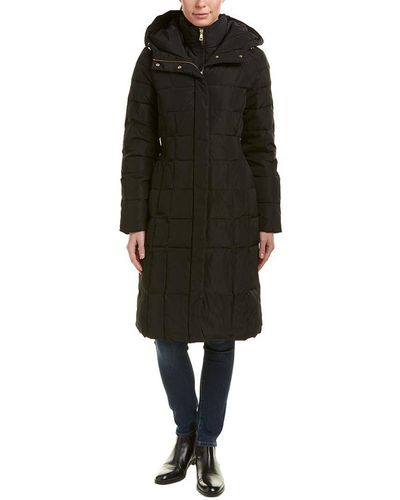 Cole Haan Womens Taffeta With Bib Front And Dramatic Hood Down Alternative Outerwear Coat - Black