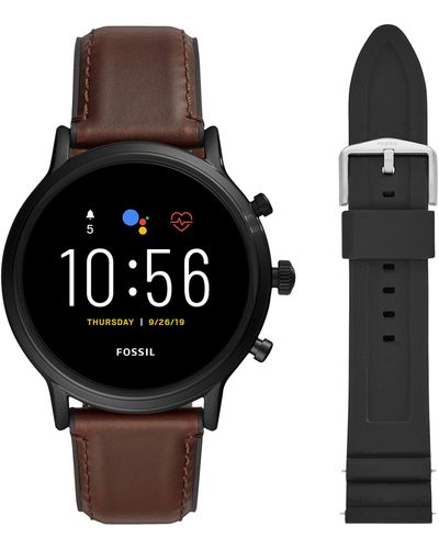 Fossil 44mm Gen 5 Carlyle Hr Heart Rate Stainless Steel And Leather Touchscreen Smart Watch + 22mm Interchangable Black Silicone Band
