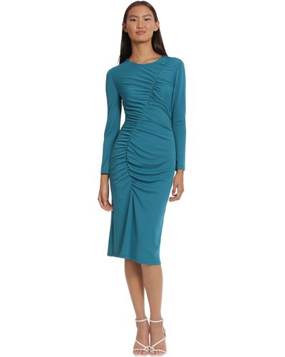 Donna Morgan Sleek And Sophisticated Side Ruched Midi Dress Date Event Party Occasion Night Out Guest Of - Blue