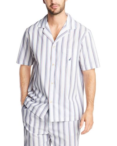 Nautica Mens Short Sleeve 100% Cotton Soft Woven Button Down Top Pajama Sets - White