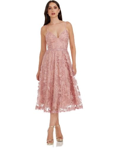 Dress the Population S Tahani Plunge Neckline Fit And Flare Midi - Pink