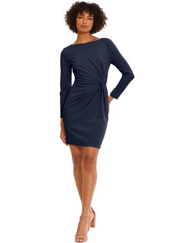 Donna Morgan Crepe Dress With Twist Detail At Side Waist - Blue