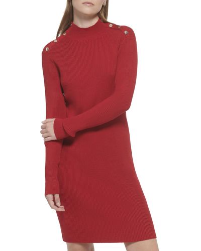 Tommy Hilfiger Sheath Sweater Turtleneck Dress - Red