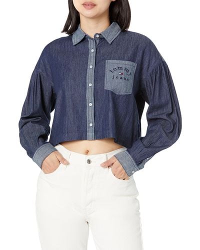Tommy Hilfiger Cropped Chambray Long Sleeve Button Up - Blue