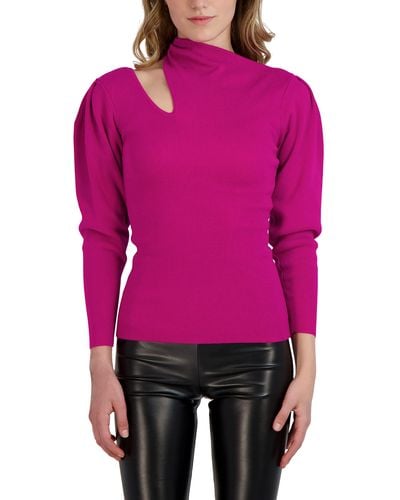 BCBGeneration Fitted Long Sleeve Sweater Asymmetrical Neck Cutout Top - Red