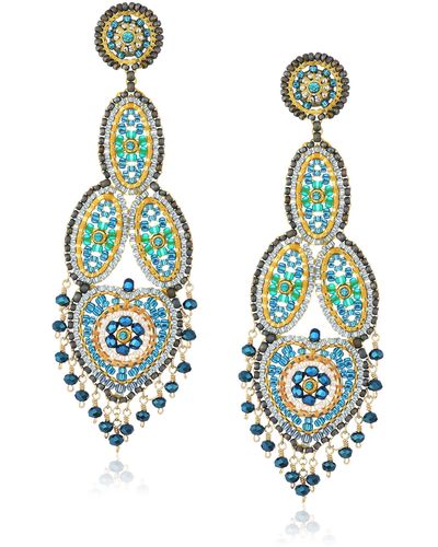 Miguel Ases Large Opaque Contrasted Heart Swarovski Teal Chandelier Drop Earrings - Blue