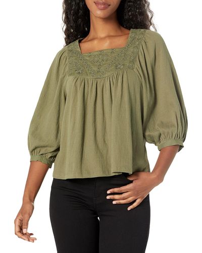 Lucky Brand Tonal Embroidered Square Neck Blouse - Green