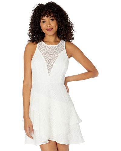 BCBGMAXAZRIA Short Evening Fit And Flare Sleeveless Round Neck Tiered Ruffle Skirt Dresses - White