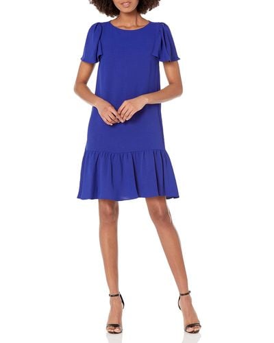 DKNY S Flowy Short Sleeve Ruffle Hem Dress - Blue