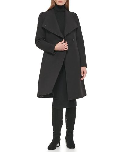 Calvin Klein Ring Snap Detail Asymmetrical Closure Stand Collar Welt Pockets Coat - Black