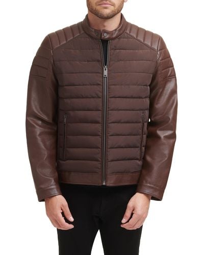 DKNY Mixed Media Faux Leather Puffer Motocros Racer Jacket - Brown