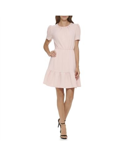 DKNY Puff Sleeve Ruffled Fit Dress - Pink