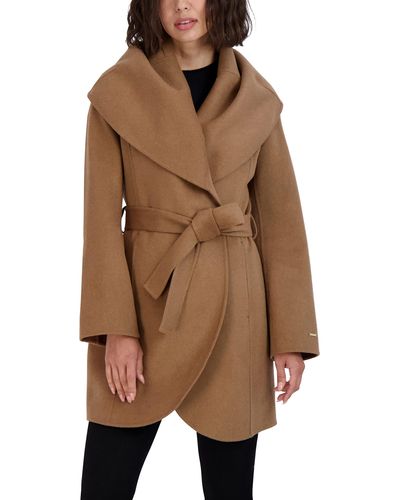Tahari Marilyn Lightweight Double Face Wool Wrap Coat With Oversized Collar - Brown