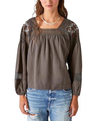 Lucky Brand Embroidered Shoulder Top - Black
