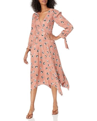 Rebecca Taylor Long Sleeve Floral Midi Hem Silk Dress - Pink