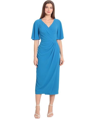 Maggy London Short Flutter Sleeve Faux Wrap Midi Dress - Blue