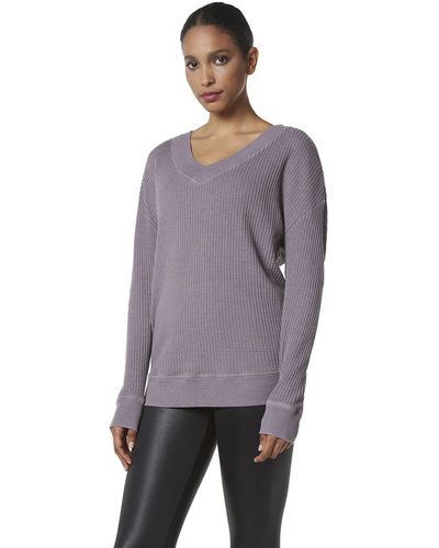 Andrew Marc Washed Long Sleeve V-neck Waffle Pullover - Purple