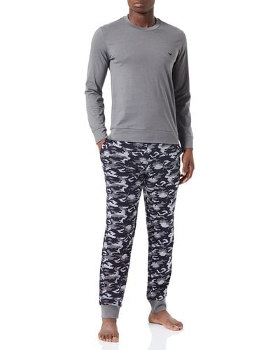 Emporio Armani Pattern Mix Geometric Logo Print Sweater Ad Pants Pajama Set - Gray