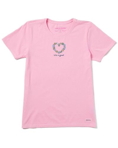 Life Is Good. Standard Short Sleeve Crusher Crew Neck Vintage Seashells Heart Graphic T-shirt - Pink