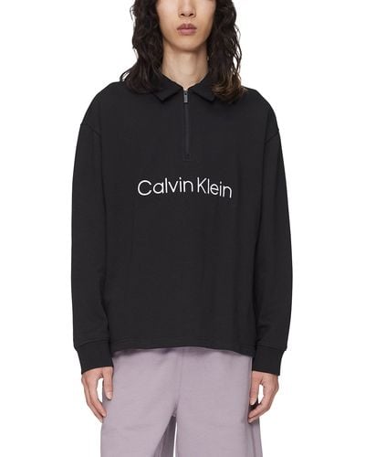 Calvin Klein Relaxed Fit Logo French Terry Long Sleeve Polo Shirt - Black