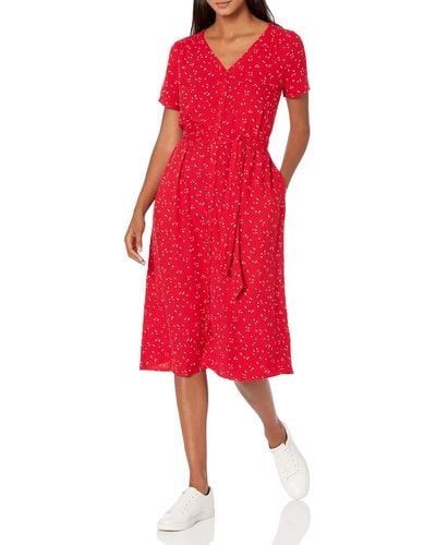 Amazon Essentials Vestido Midi de ga Corta con Botones en la Parte Delantera Mujer - Rojo
