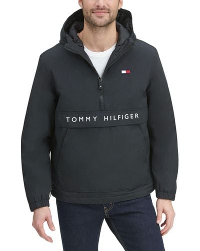 Tommy Hilfiger Leistungsstarke Fleece-gefütterte Kapuzenjacke zum Überziehen Regenjacke - Schwarz