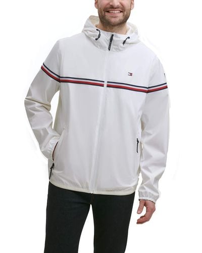 Tommy Hilfiger Mens Lightweight Active Water Resistant Hooded Rain Jacket - White