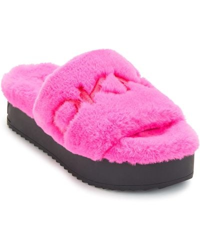DKNY Palz Faux Fur Fluorescent Slide Slippers - Pink
