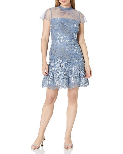 Adrianna Papell Embroidered Lace Flounce Dress - Blue