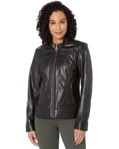DKNY Faux Leather Front-zip Outerwear Jacket - Black