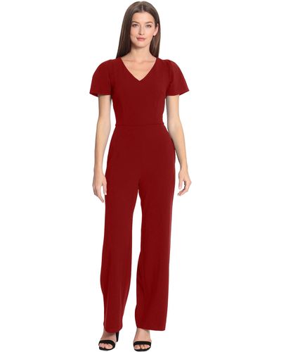 Maggy London Sleek And Sophisticated Crepe Jumpsuit With Puff Sleeves Workwear Event Occasion Guest Of - Red