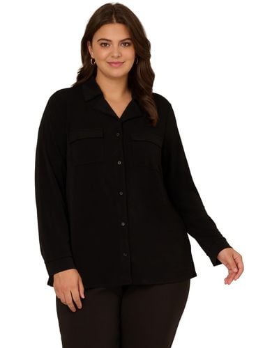 Adrianna Papell Plus Size Knit Utility Top With Long Sleeves And Chest Pockets - Black