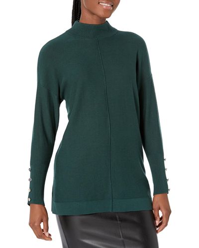 Anne Klein Mock Neck Sweater Long Sleeve With Buttons - Green