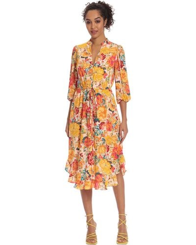 Donna Morgan Floral Printed V-neck Midi Dress Summer Fun Day Event Date Guest Of - Multicolor