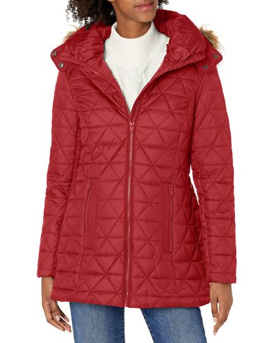 Andrew Marc Marc New York By Chevron Quilted Down Jacket Faux Fur - Red