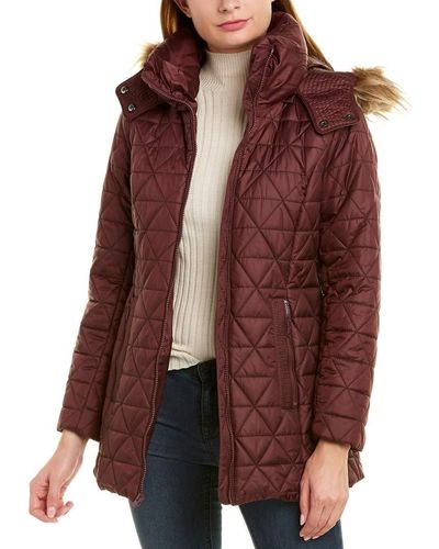 Andrew Marc Chevron Quilted Down Jacket Faux Fur - Red
