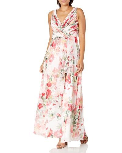 Calvin Klein Sleeveless V-neck Gown With Shirred Bodice Dress - Multicolor