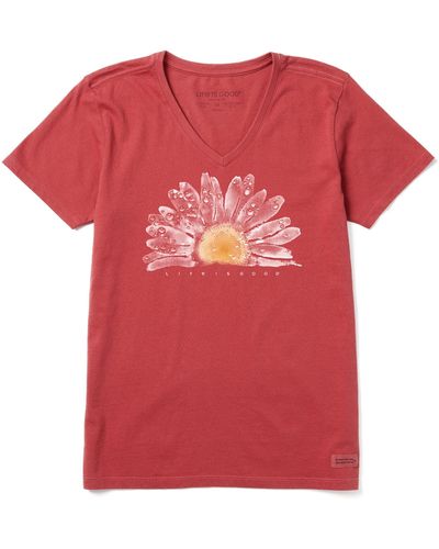 Life Is Good. Floral Print Short Sleeve Cotton Tee Graphic V-neck T-shirt - Red