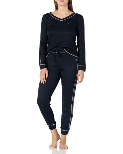 Tommy Hilfiger Waffle-knit Long Sleeve Jogger Pajama Set - Blue