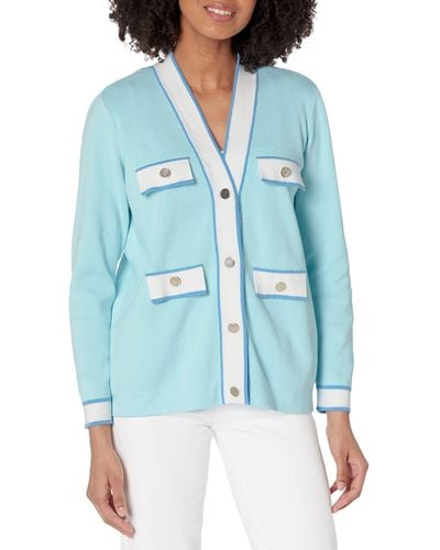 Anne Klein Cardigan With Tipped Pockets - Blue