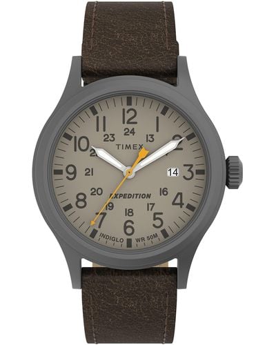 Timex Expedition Scout 40mm Watch – Gunmetal Case Khaki Dial With Dark Brown Leather - Gray