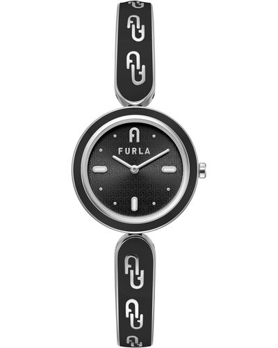 Furla Bangle Silver Tone Stainless Steel Bracelet Watch - Black