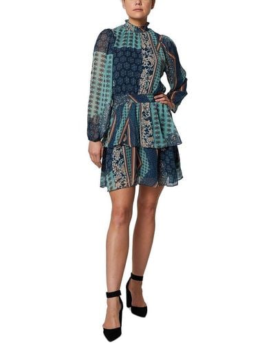 Laundry by Shelli Segal Long Sleeve High Neck Mini Dress With Tiered Skirt - Blue