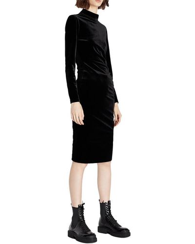 Emporio Armani A|x Armani Exchange Stretch Velvet Long Sleeved Bodycon Dress With Side Ruching - Black