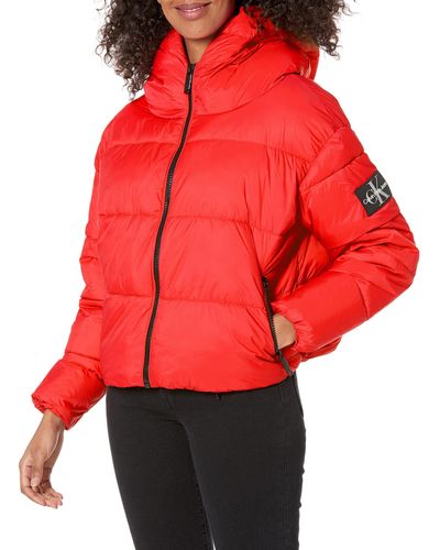 Calvin Klein Jeans Womens Jeans Hooded Boxy Puffer Jacket - Red