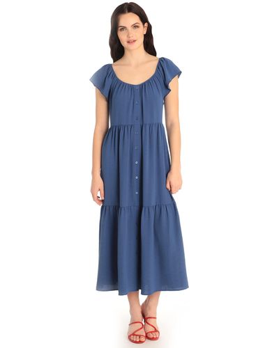 Maggy London Ruffle Sleeve Scoop Neck Tiered Easy Shirtdress Midi - Blue