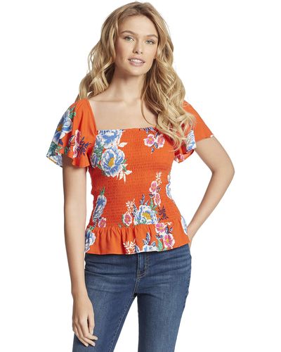 Jessica Simpson Womens Marie Flutter Sleeve Smocked Blouse - Red