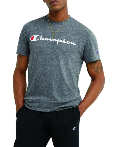 Champion , Powerblend, Soft, Graphic, Comfortable T-shirt For , Gun Smoke Pe Heather Script, X-large - Blue