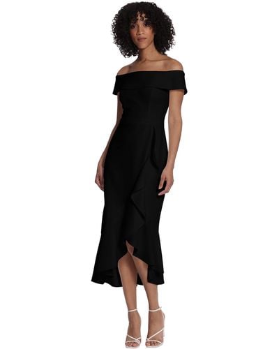 Maggy London Off Shoulder High-low Midi Dress With Cascading Ruffle Hem - Black
